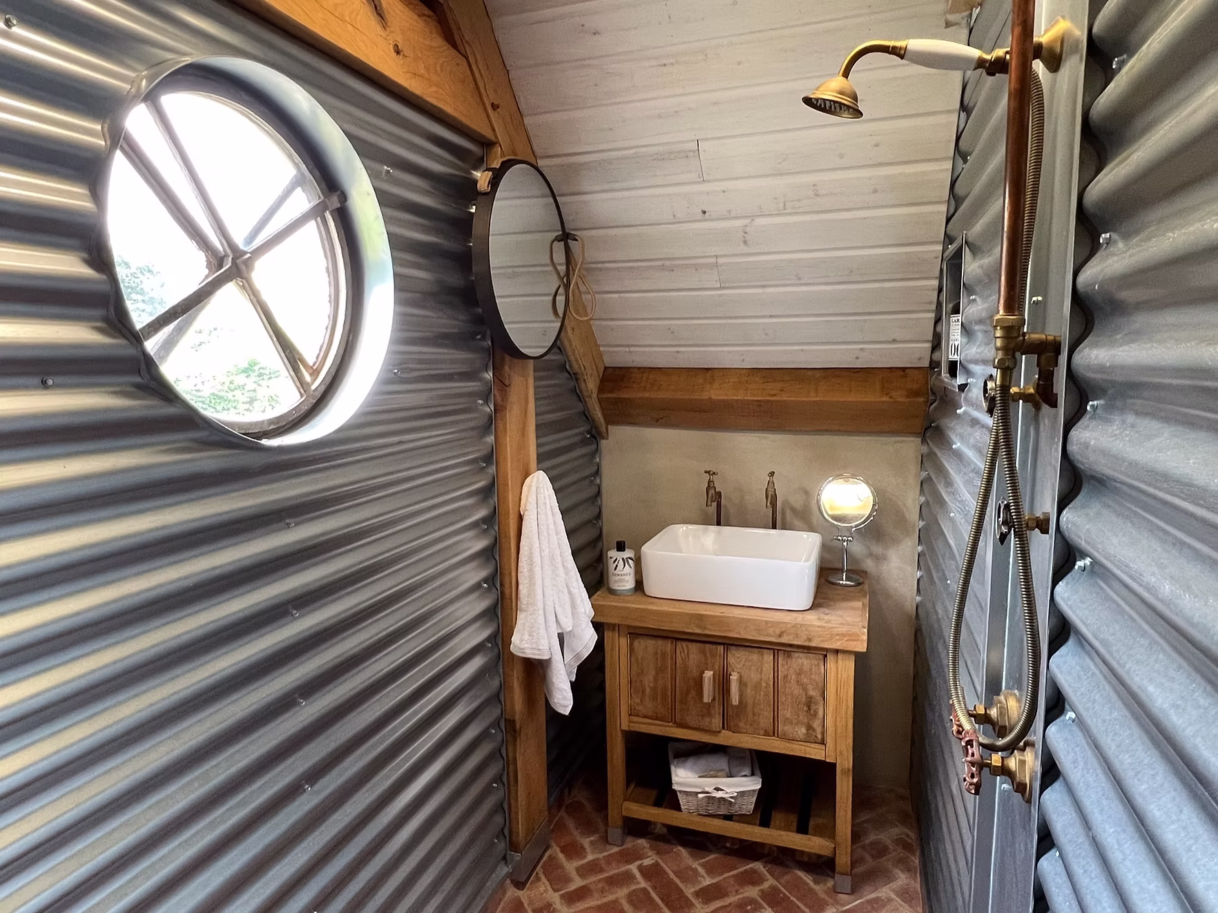 Rustic shower room with corrugated metal walls